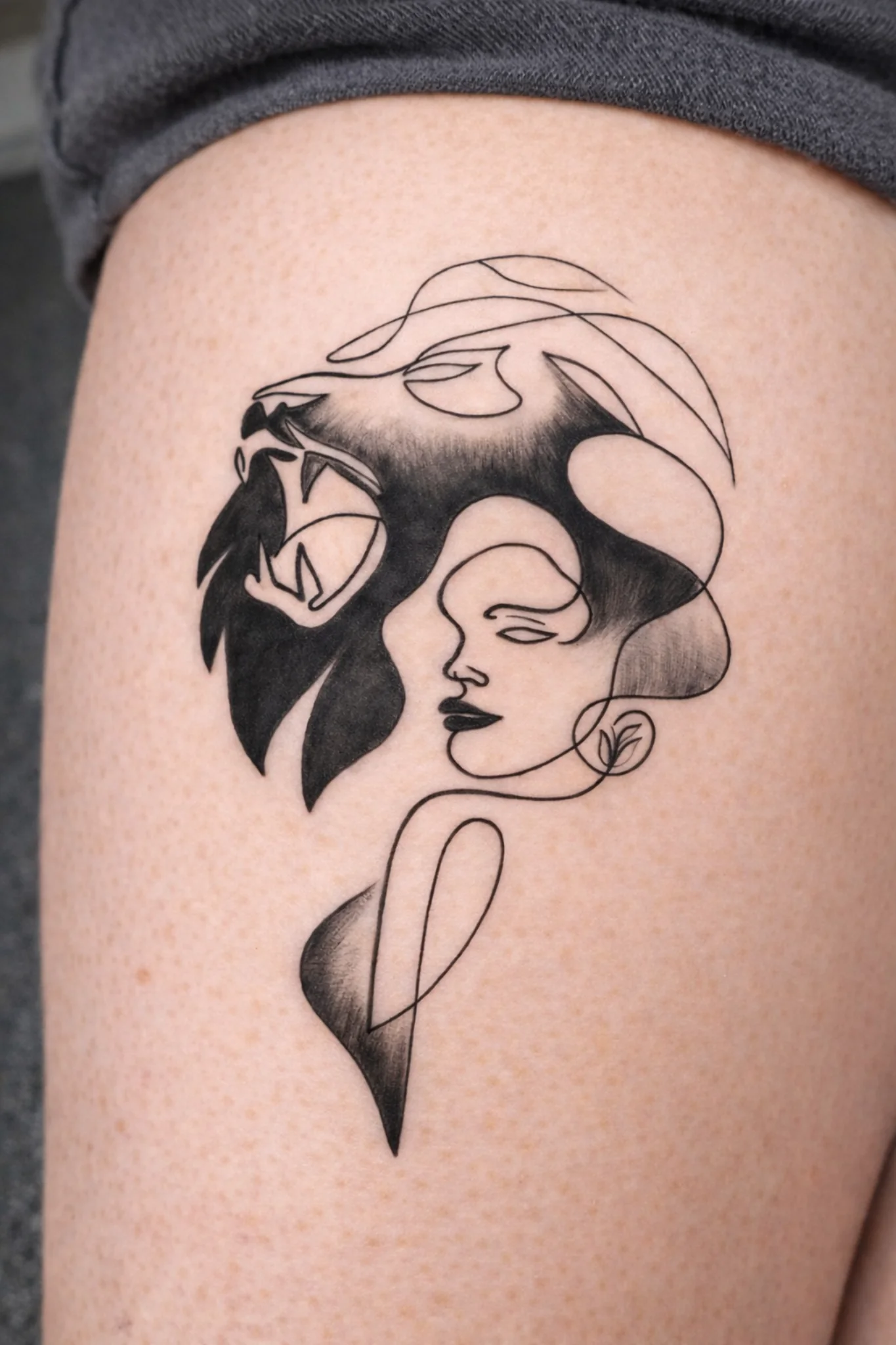Tattoo mit Frauenprofil und Löwenmotiv von Pepples Ink
